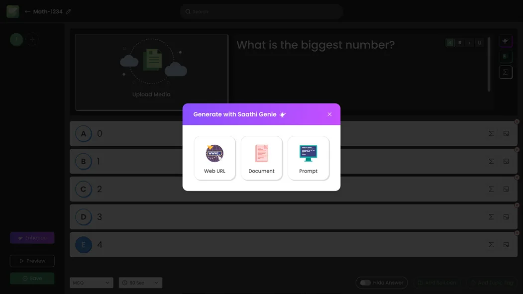 Saathi AI quiz generation screen — create quizzes from web URLs, documents or prompts